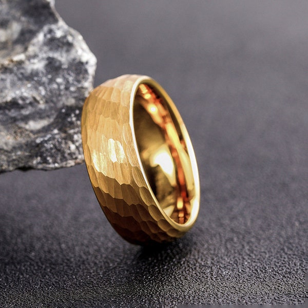 Stylish Hammered Gold Tungsten Wedding Rings for Couples - Matching Set in 6mm and 8mm - Perfect Gift for Him and Her