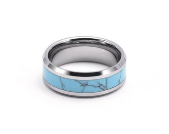 Stunning Tungsten Ring with Polished Silver Band and Turquoise Inlay - Perfect 8mm Mens Wedding Ring