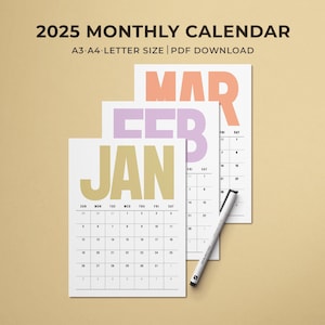 Calendario imprimible 2025 / Planificador mensual 2025 / Calendario vertical moderno / Inicio domingo-lunes / Carta A4 A3 PDF / Calendario de pared grande