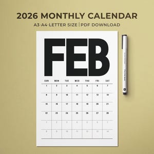 Calendario mensual imprimible 2026 / Planificador mensual 2026 / Calendario vertical moderno / Inicio domingo-lunes / Carta A4 A3 PDF / Calendario de pared