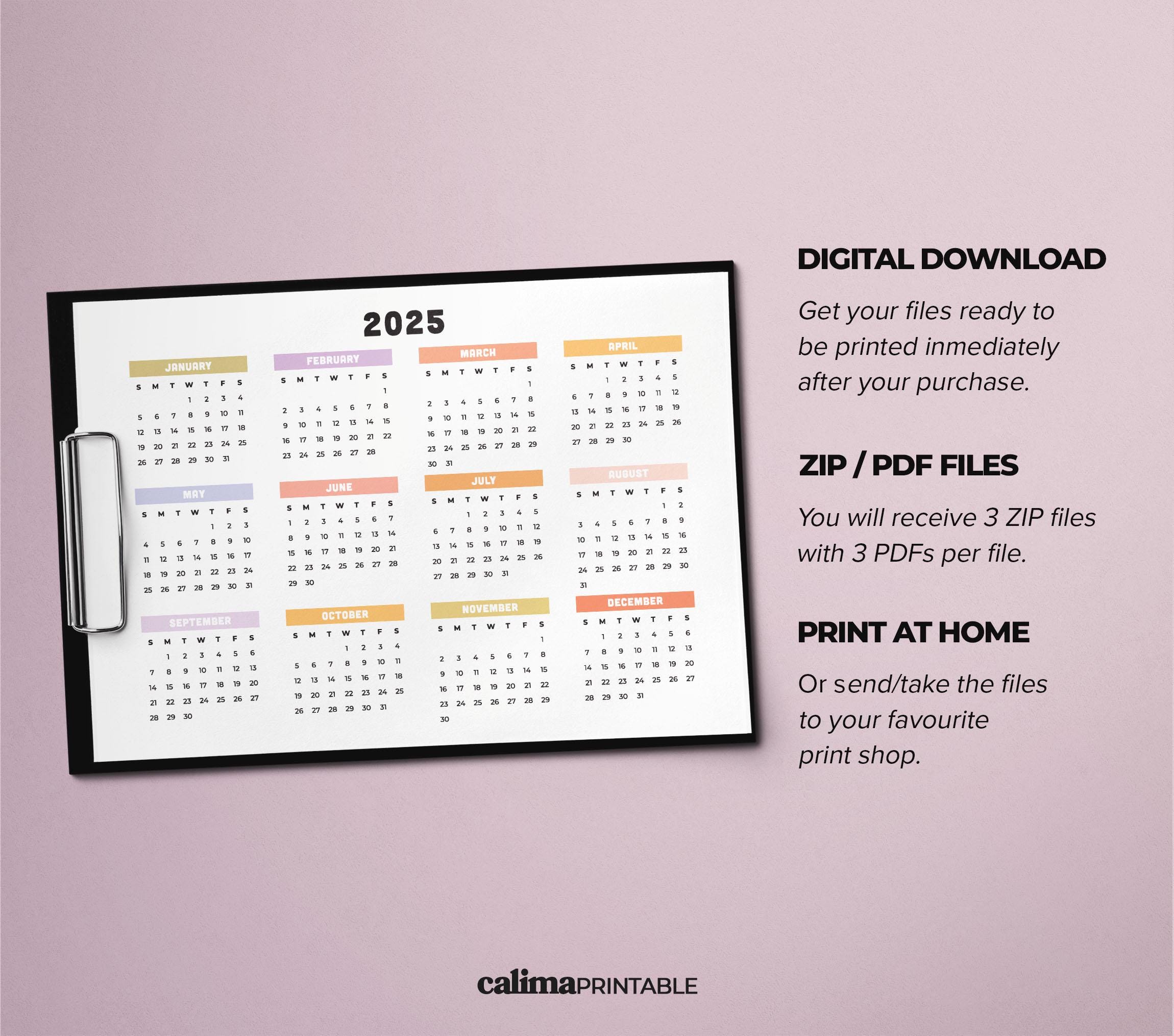 2025 Printable Yearly Calendar Colorful Horizontal Calendar Sunday ...
