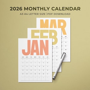 Calendario imprimible 2026 / Planificador mensual 2026 / Calendario vertical moderno / Inicio domingo-lunes / Carta A4 A3 PDF / Calendario de pared grande
