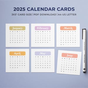 Cartões para impressão de mini calendário 2025 | Cartões de planejamento quadrado 3x3 | Calendário mensal arco-íris 2025 | Início de domingo e segunda-feira | Calendário PDF de bolso
