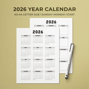 Calendario anual imprimible 2026 / Retrato minimalista / Inicio domingo-lunes / Carta A4 A3 PDF / Calendario de pared de 12 meses / Resumen del año