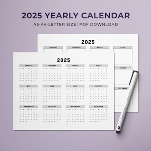 2025 Yearly Calendar: Horizontal Layout, A3 A4 Letter (PDF Download)