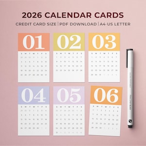 Cartões para impressão de mini calendário 2026 | Mini calendário de mesa mensal | Cartões de planejamento para impressão | Início de domingo e segunda-feira | Calendário elegante de arco-íris