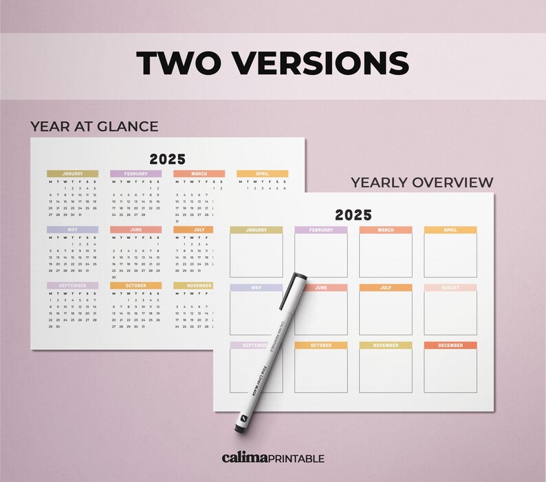 2025 Printable Yearly Calendar | Colorful Horizontal Calendar | Sunday ...