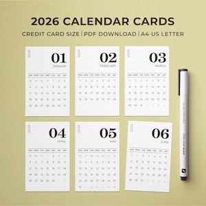 2026 Minikalender Druckbare Karten | Monatlicher Mini Tischkalender | Druckbare Kalender Karten | Sonntag & Montag Start |  Eleganter Taschenkalender