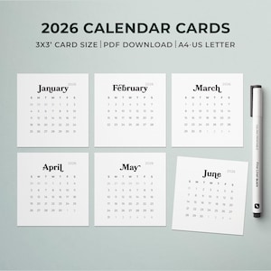 Cartões para impressão de mini calendário 2026 | Cartões de planejamento quadrado 3x3 | Calendário de mesa mensal 2026 | Início de domingo e segunda-feira | Calendário PDF de bolso