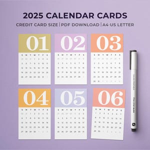 Cartões para impressão de mini calendário 2025 | Mini calendário de mesa mensal | Cartões de planejamento para impressão | Início de domingo e segunda-feira | Calendário elegante de arco-íris