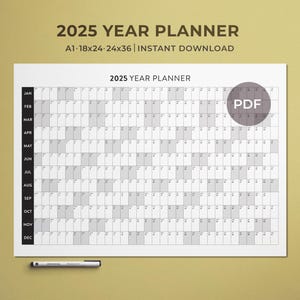 2025 Printable Year Planner | Large Wall Calendar 2025 | Yearly Wall Calendar | Year Calendar Overview | Giant Wall Calendar  | A1 A2 A3 PDF