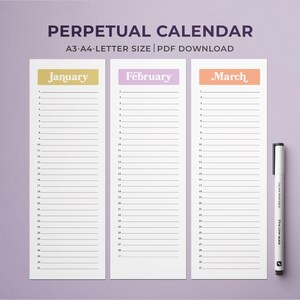 Calendario perpetuo imprimible / Calendario de cumpleaños / Calendario mensual / Planificador mensual / Calendario de pared con retrato colorido / Carta A4 A3 PDF