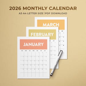 Calendario mensual imprimible 2026 / Planificador mensual / Calendario vertical colorido / Calendario de pared 2026 / Inicio de domingo a lunes / Carta A4 A3 PDF