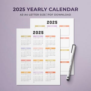 Calendario anual imprimible 2025 / Retrato colorido / Inicio domingo-lunes / Carta A4 A3 PDF / Calendario de pared de 12 meses / Resumen del año