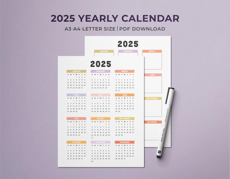 2025 Printable Yearly Calendar | Colorful Portrait Year | Sunday Monday