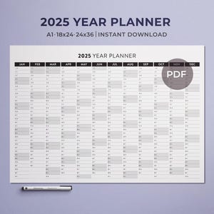 2025 Printable Year Planner | Large Wall Calendar 2025 | Yearly Wall Calendar | Year Calendar Overview | Giant Wall Calendar  | A1 A2 A3 PDF