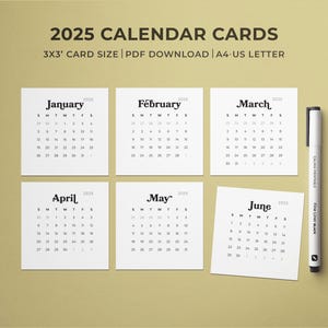 2025 Mini Kalender Druckbare Karten | 3x3 quadratische Planerkarten | 2025 Monatstischkalender | Sonntag & Montag Start | Pocket PDF Kalender