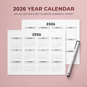 Calendario anual imprimible 2026 / Calendario horizontal / Inicio domingo-lunes / Carta A4 A3 PDF / Calendario de pared de 12 meses / Resumen del año