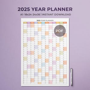 Planificador imprimible para el año 2025 / Calendario de pared grande 2025 / Calendario de pared anual / Calendario de pared arcoíris / Calendario de pared gigante / A1 A2 A3 PDF
