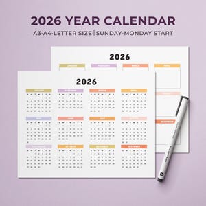 Calendario anual imprimible 2026 / Calendario horizontal colorido / Inicio de domingo a lunes / Carta A4 A3 / Calendario de pared de 12 meses / Resumen del año