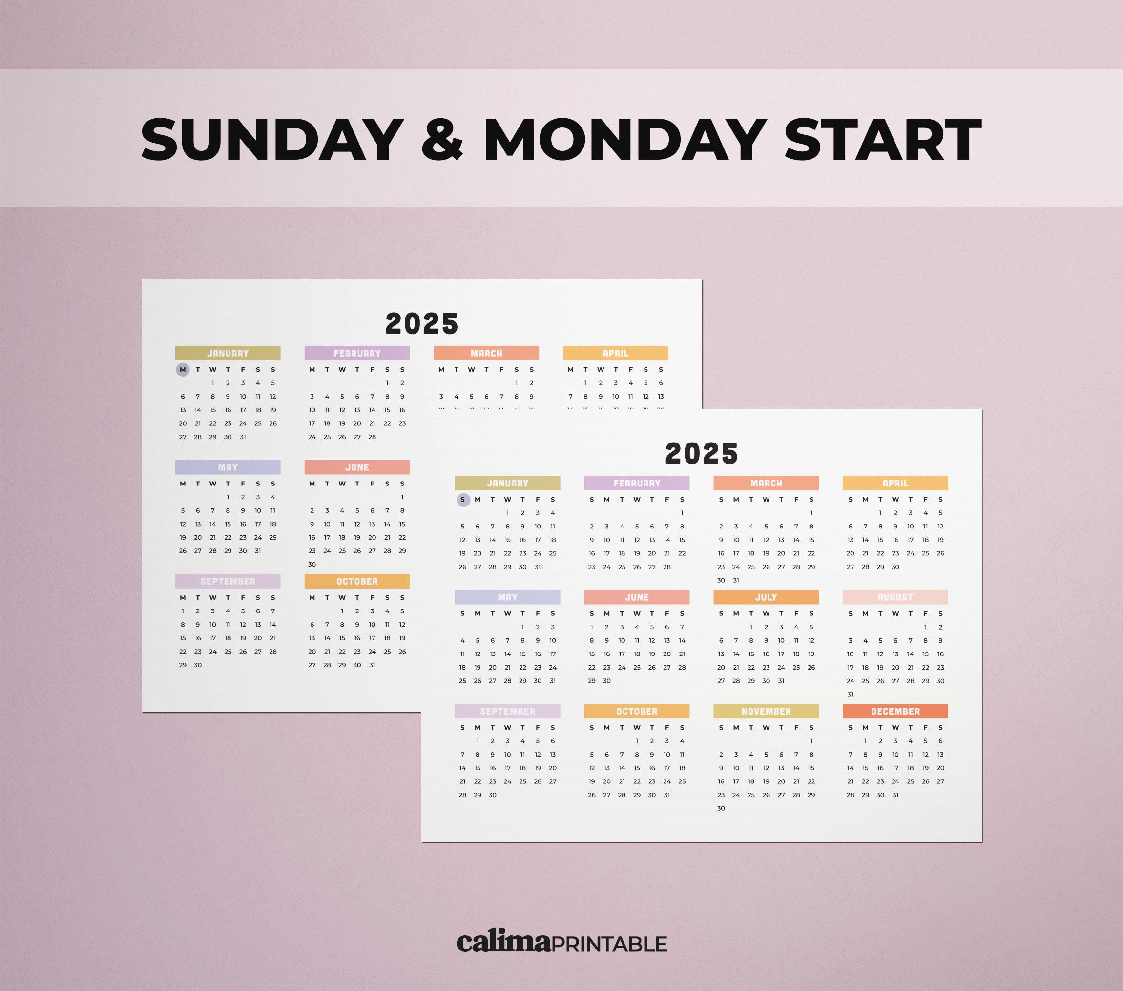 2025 Printable Yearly Calendar Colorful Horizontal Calendar Sunday ...