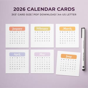 Cartões para impressão de mini calendário 2026 | Cartões de planejamento quadrado 3x3 | Calendário mensal arco-íris 2026 | Início de domingo e segunda-feira | Calendário PDF de bolso