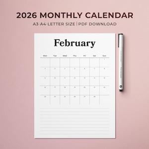 Calendario mensual imprimible 2026 / Planificador mensual 2026 / Calendario minimalista vertical con notas / Inicio de domingo a lunes / Carta A4 A3 PDF