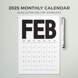 Calendario mensual imprimible 2025 / Planificador mensual 2025 / Calendario vertical moderno / Inicio domingo-lunes / Carta A4 A3 PDF / Calendario de pared