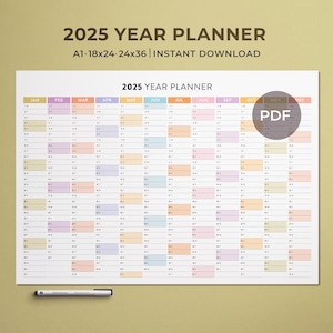 2025 Printable Year Planner | Large Wall Calendar 2025 | Yearly Wall Calendar | Rainbow Year Calendar | Giant Wall Calendar  | A1 A2 A3 PDF
