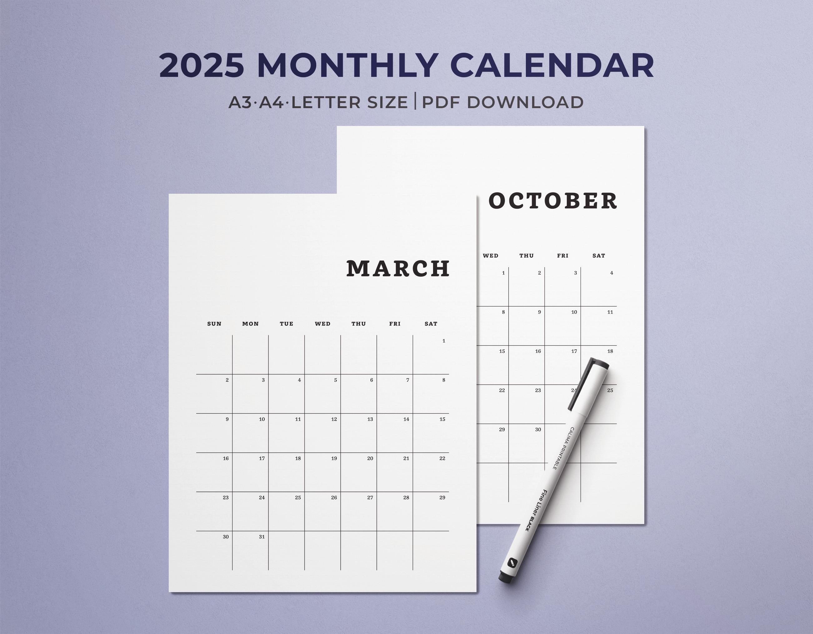 2025 Printable Monthly Calendar | Month Planner 2025 | Minimalist