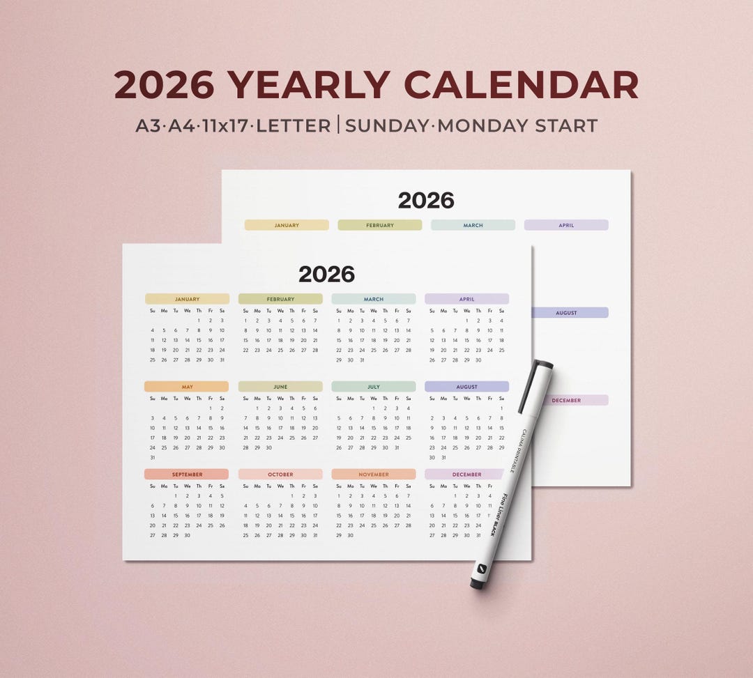 2026 Printable Wall Calendar: Colorful Yearly Horizontal Planner (A4 ...