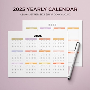 Calendario anual imprimible 2025 / Calendario horizontal colorido / Inicio de domingo a lunes / Carta A4 A3 / Calendario de pared de 12 meses / Resumen del año
