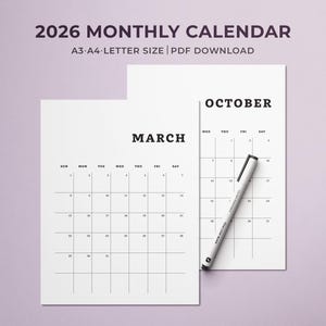 Calendario mensual imprimible 2026 / Planificador mensual 2026 / Calendario minimalista vertical / Inicio domingo-lunes / Carta, A4, A3 PDF / Descargar