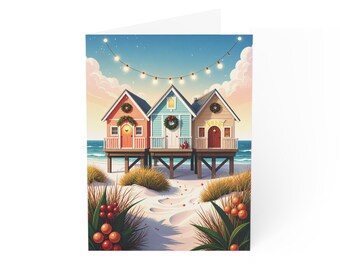 Coastal Beach Huts Greeting Card | Holiday Wreaths & String Lights