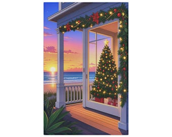 Coastal Christmas Tree Tea Towel | Beach Sunset Holiday Kitchen Towel