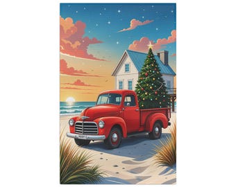 Vintage Red Truck with Christmas Tree Tea Towel | Coastal Holiday, Sunset Beach
