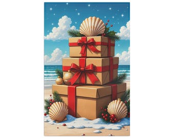 Beach Christmas Presents Microfiber Tea Towel | Coastal Holiday Stack, Shells