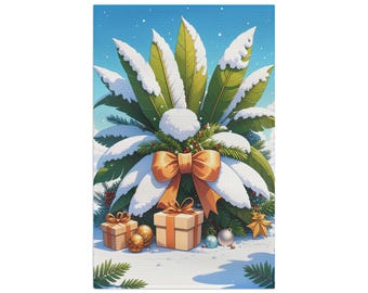 Snow-Covered Palm with Gifts Microfiber Tea Towel | Holiday Kitchen Decor