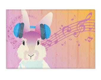 Bunny with Headphones Area Rugs | Music Notes Pastel Nursery Rug