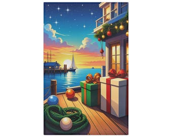 Seaside Holiday Sunset Microfiber Tea Towel | Nautical Christmas Dock Scene