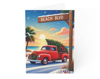 Red Vintage Truck with Christmas Tree Greeting Card | Holiday Beach Scene