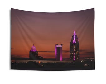 City of Mobile, Alabama Skyline Sunset tapestry | Purple Lit Buildings wall tapestry