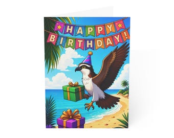 Osprey with Presents on Beach Birthday Card | Greeting Card