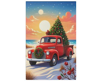 Red Vintage Truck with Christmas Tree Tea Towel | Holiday Beach Sunset