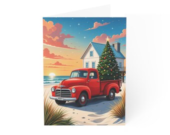 Red Vintage Truck with Christmas Tree Greeting Card | Beach Holiday Scene
