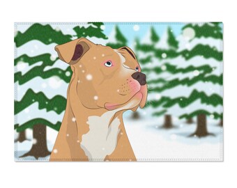 Brown Pit Bull in Snow Winter Dog Area Rug | Holiday Pine Trees