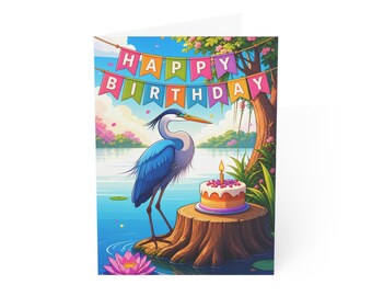 Heron Birthday Scene Greeting Card | Birthday Cake Lakeside Card