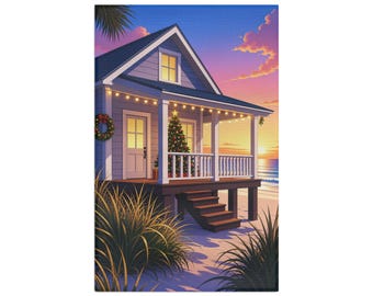 Cozy Beachfront Cottage Christmas Microfiber Tea Towel | Holiday Coastal Kitchen Decor