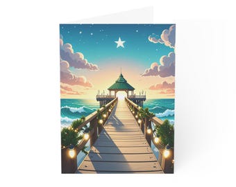 Starry Pier Sunset Greeting Card | Beach Pier Greeting Card