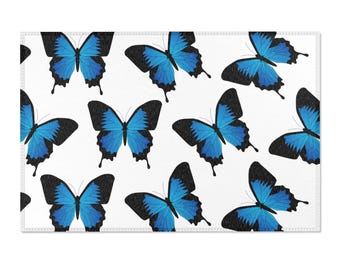 Blue Butterfly Pattern Area Rug | Floral Insect Floor Mat